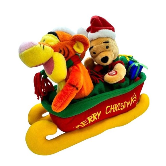 Vintage Disney Plush Animated Winnie the Pooh Tigger Christmas Sled Jingle Bells - Picture 2 of 15